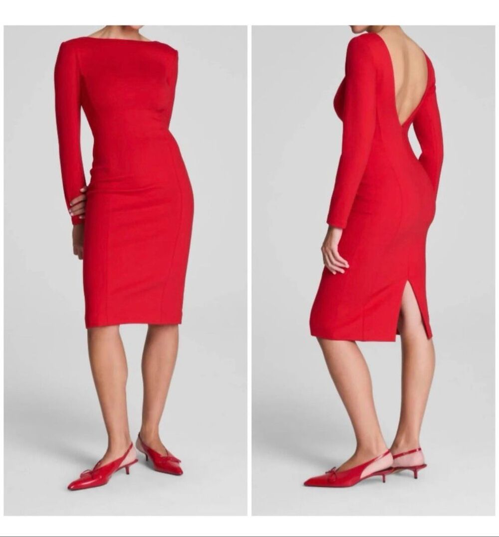 Spanx Women’s Ponte Knit Red Long Sleeve Low Back Midi Dress - Picture 15 of 15